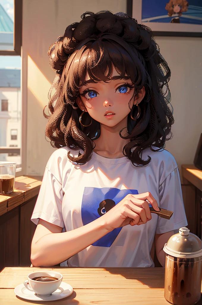 afro hair、８K, Highest quality, masterpiece, Ultra-detailed、Afro Hair、afro hair、Brown Hair、full lips、Blue Eyes、１８Year-old beauty、Portrait、Coffee shop、stare、T-Shirts、