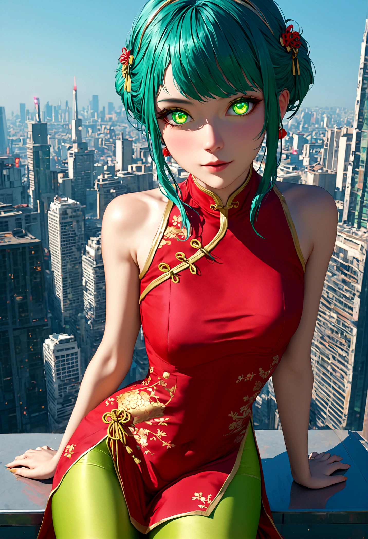 Fraction_9,Fraction_8_Direction_7_up,src_Japanese cartoons,1girl, girl, Cyberpunk,Chinese Cheongsam, Green Eyes,Glowing eyes, Short blue hair, white breastplate, Mechanical red tights, Bare shoulders, smooth, Shiny material,joint,outdoor,futuristic city,Dynamic Angle