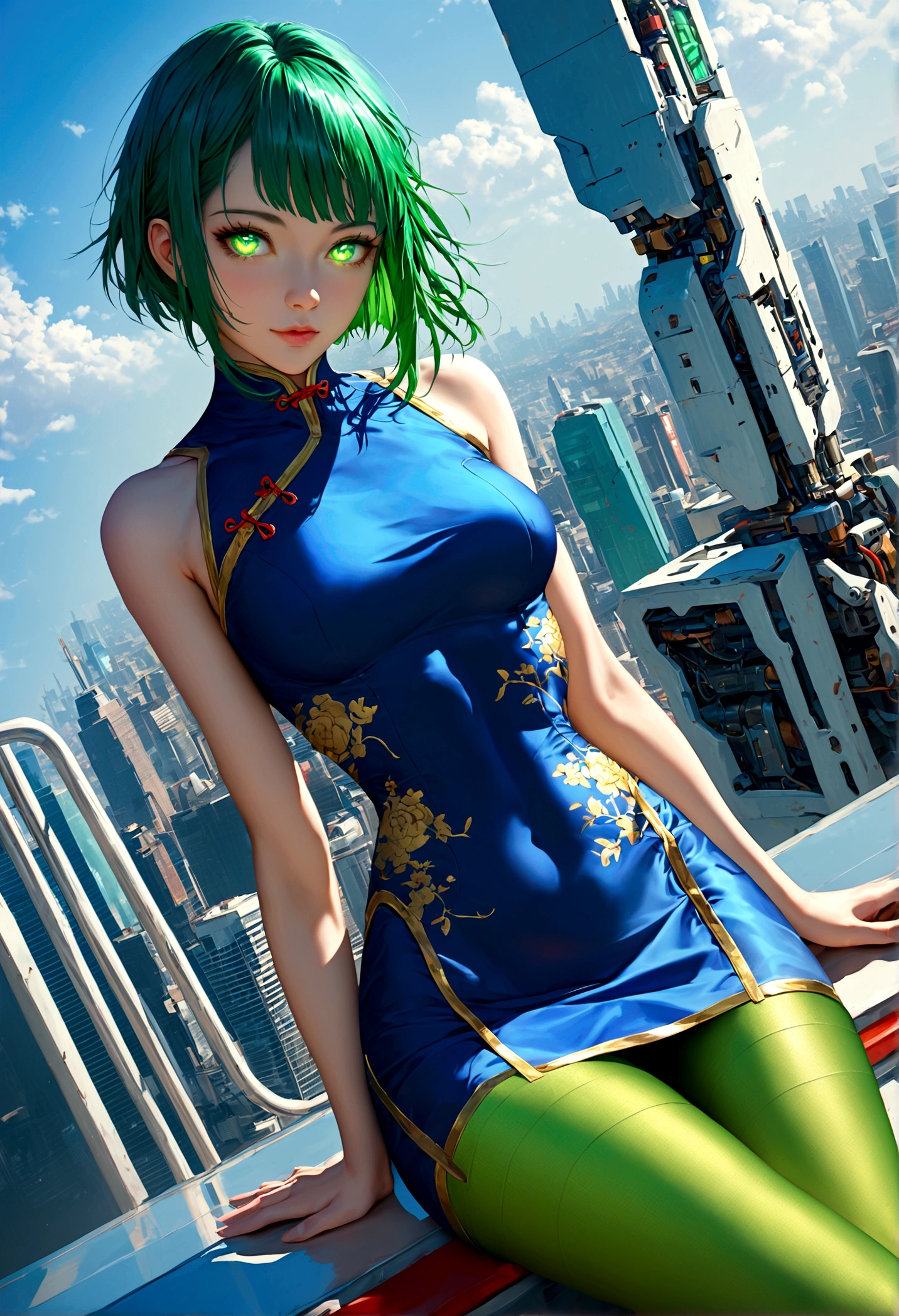 Fraktion_9,Fraktion_8_Richtung_7_hoch,Quelle_Japanische Zeichentrickfilme,1Mädchen, Mädchen, Cyberpunk,Chinesisches Cheongsam, grüne Augen,glühende Augen, kurze blaue Haare, Weißer Brustpanzer, Mechanische rote Strumpfhose, nackten Schultern, glatt, glänzendes Material,gemeinsam,draussen,Futuristische Stadt,dynamischer Winkel