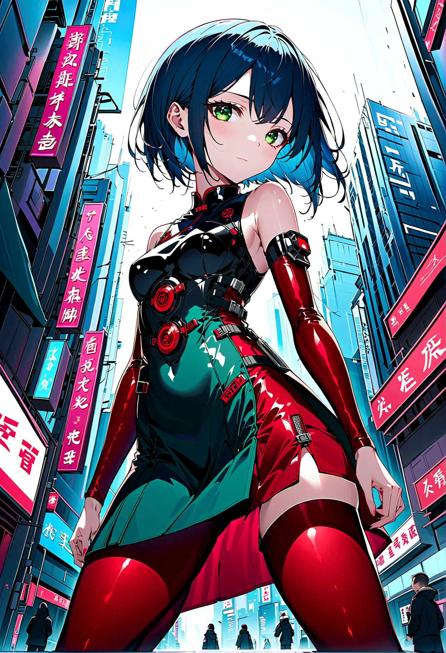 Fraction_9,Fraction_8_Direction_7_up,src_Japanese cartoons,1girl, girl, Cyberpunk,Chinese Cheongsam, Green Eyes,Glowing eyes, Short blue hair, white breastplate, Mechanical red tights, Bare shoulders, smooth, Shiny material,joint,outdoor,futuristic city,Dy...