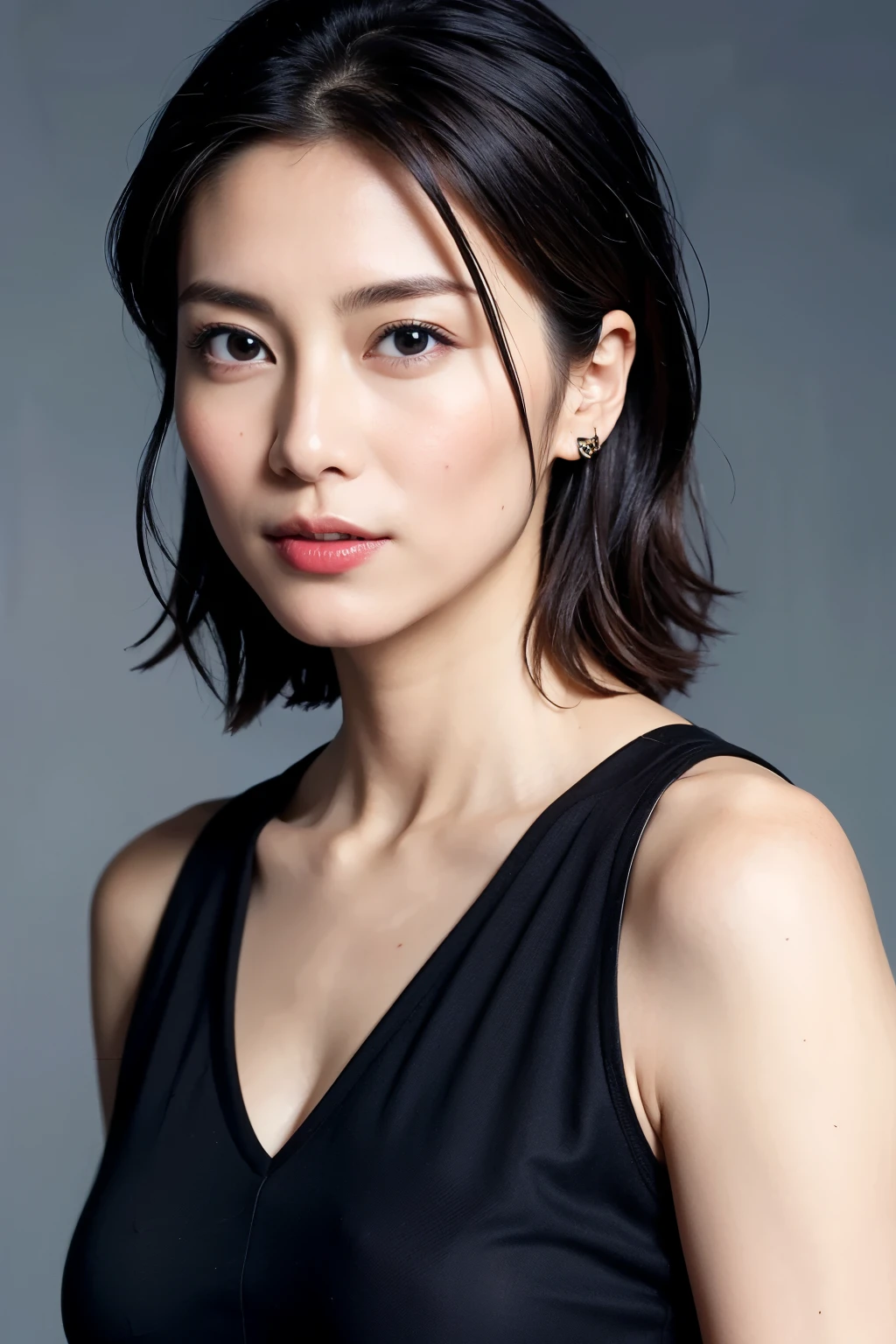 Highest quality, Realistic, Super detailed, High resolution, Plain background, 8k wallpaper, Beautiful Japanese Women, 1 person, Very cute and slim, Excellent style, Very delicate face, Super detailed skin texture, Red lipstick, Perfect Makeup, short hair, straggling hair, Gradient Hair, Super detailedな目と鼻, Sharp Eyes, Simple Background, Looking at the audience, Upper Body Shot, Cleavage, V-neck light knit
