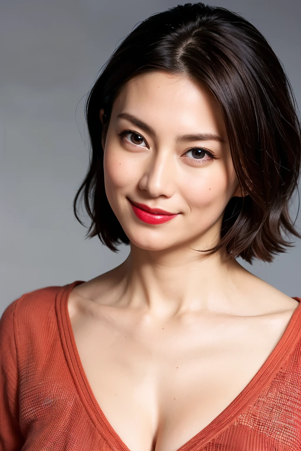 Highest quality, Realistic, Super detailed, High resolution, Plain background, 8k wallpaper, Beautiful Japanese Women, 1 person, Very cute and slim, Excellent style, Very delicate face, Super detailed skin texture, Red lipstick, Perfect Makeup, short hair, straggling hair, Gradient Hair, Super detailedな目と鼻, Sharp Eyes, Simple Background, Looking at the audience, Upper Body Shot, Cleavage, V-neck light knit