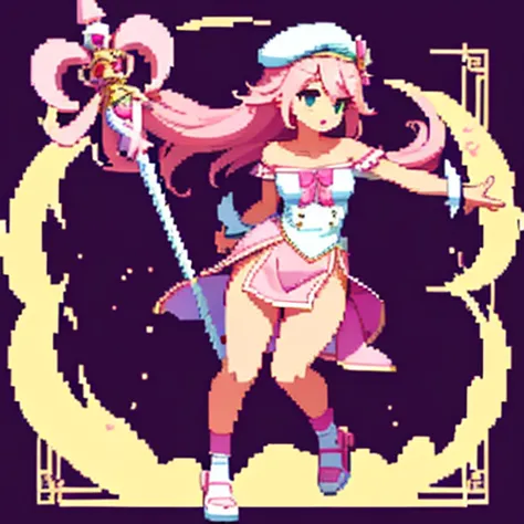 pixel art, full body, facing left (important), pink and white, holding a spear, magical girl, beret, long hair, loose, off-the-s...