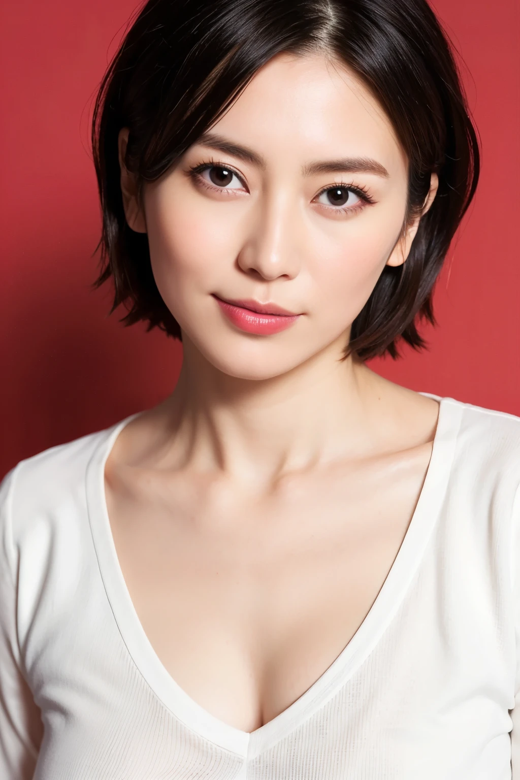 Highest quality, Realistic, Super detailed, High resolution, Plain background, 8k wallpaper, Beautiful Japanese Women, 1 person, Very cute and slim, Excellent style, Very delicate face, Super detailed skin texture, Red lipstick, Perfect Makeup, short hair, straggling hair, Gradient Hair, Super detailedな目と鼻, Sharp Eyes, Simple Background, Looking at the audience, Upper Body Shot, Cleavage, V-neck light knit