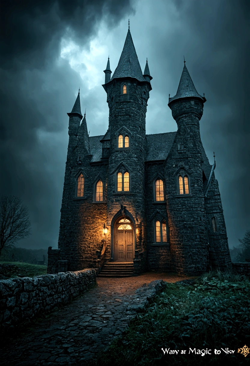 A Dark Gothic Castle in Ireland, Dark Magic, History Harry Potter, Very detailed, 8K, Reality, masterpiece, Dark Fantasy, Dramatic Lighting, GLOOMY AMBIANCE, surreal gothic pictures fotorealista
