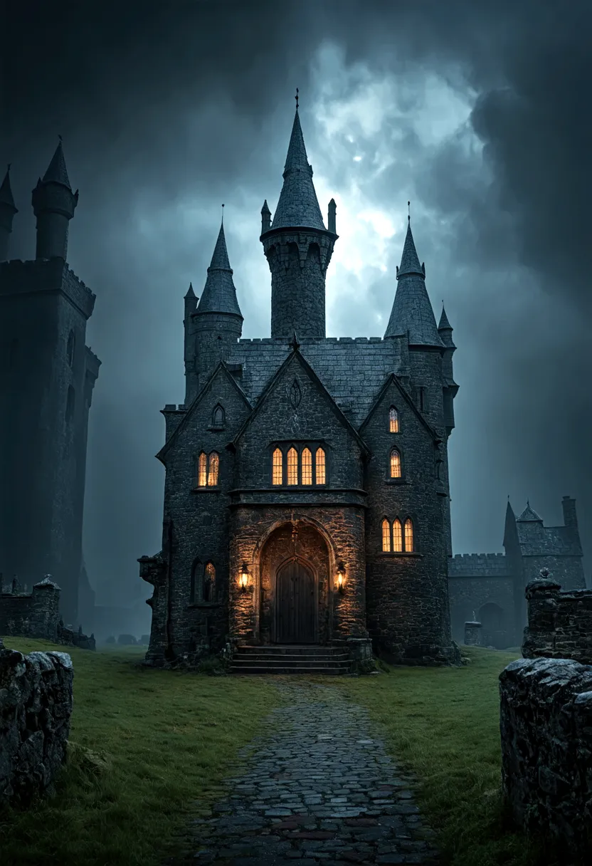 a dark gothic castle in ireland, dark magic, history harry potter, very detailed, 8k, reality, masterpiece, dark fantasy, dramat...