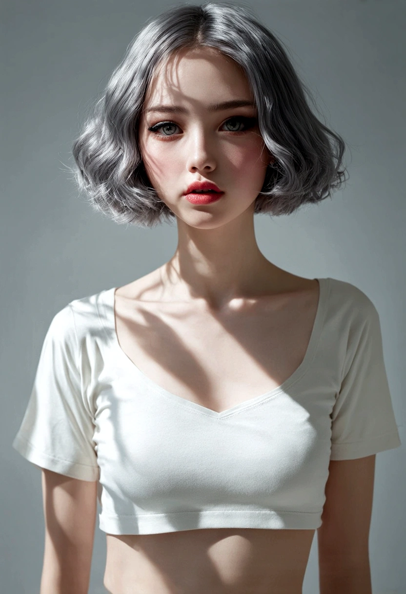 (((surreal))) photo, masterpiece, Top quality, (Pale skin), (Extremely detailed face and eyes:1.3), 1 girl, aldult, Wearing T-shirt, whole body, (Eye Makeup, mascara) , ((large, delicate lips)), ((Gray wavy hair)), ((Chiolca)) , (natural breast), Slim waist. ((Strike a pose)), photo, studio (soft light), (The interpretation of light and shadow), Depth of Field, bokeh, (Pay special attention to skin details: 1.2), detailed leather texture, skin pores. (Airy atmosphere of the frame. Color Range - Delicate, bright, White, Pink), dr, ((Film Grain)), ((Rays)), ((Blinding sunlight)), ((Waist Up Portrait, Close to the camera)) , Super detailed, short hair
