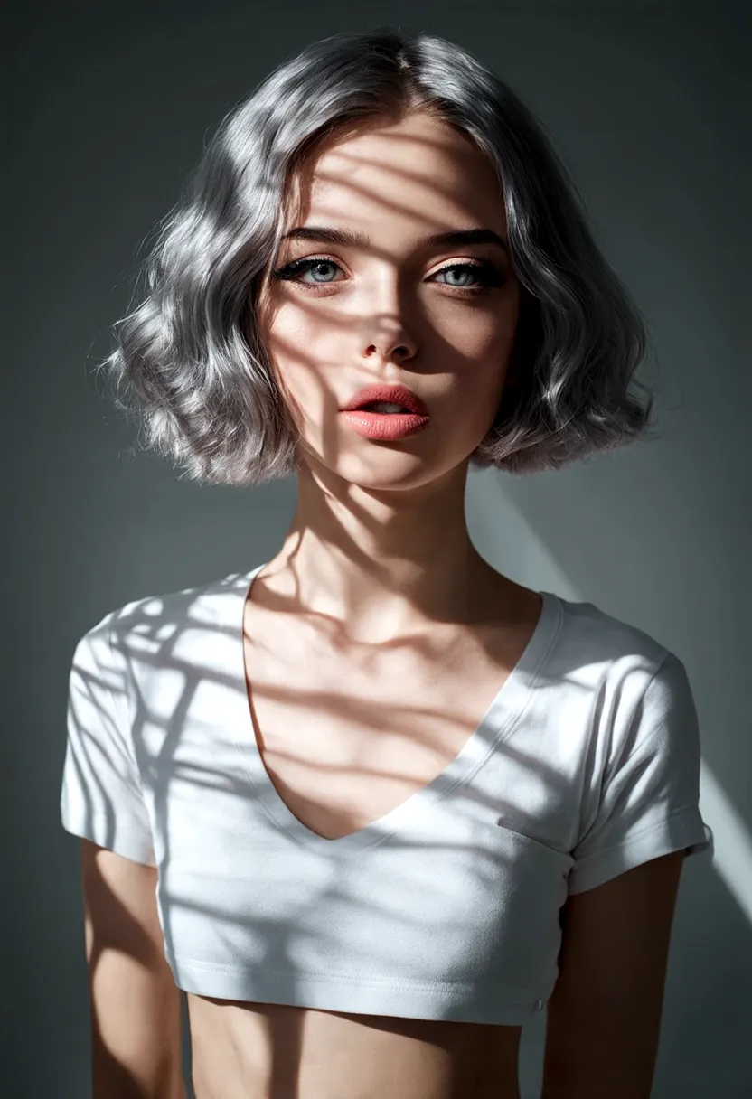 (((surreal))) photo, masterpiece, top quality, (pale skin), (extremely detailed face and eyes:1.3), 1 girl, aldult, wearing t-sh...