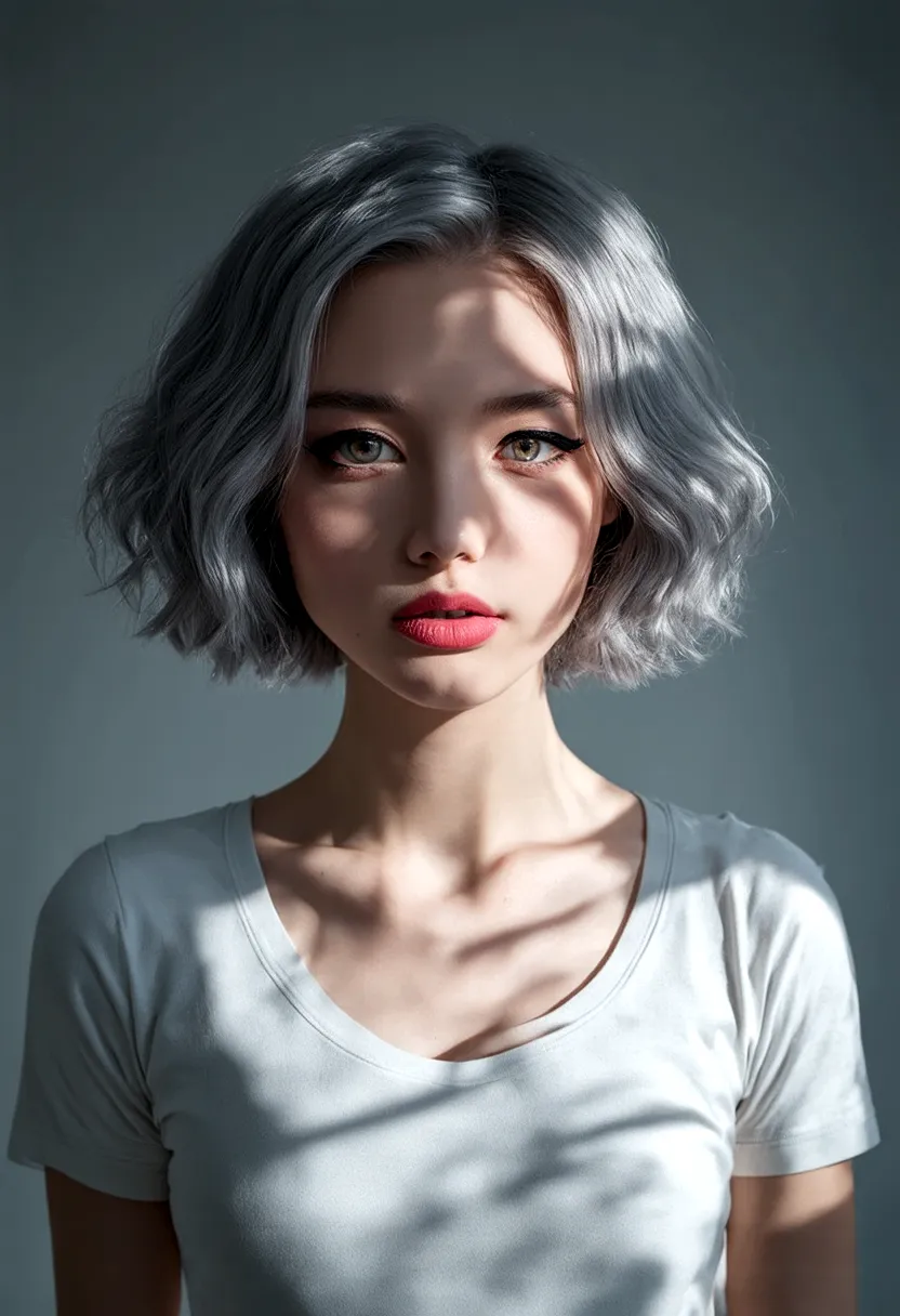 (((surreal))) photo, masterpiece, top quality, (pale skin), (extremely detailed face and eyes:1.3), 1 girl, aldult, wearing t-sh...