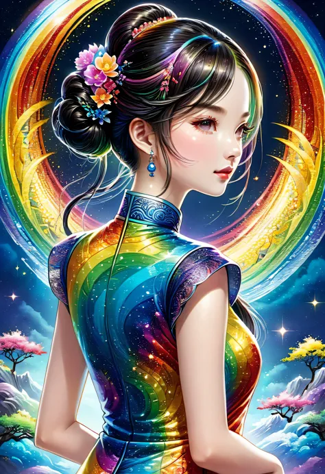 illustration of a woman Cosmic Rainbow coloured cheongsam, intrcate detailed embroidery, double bun, hair ornaments, sandal, Chi...