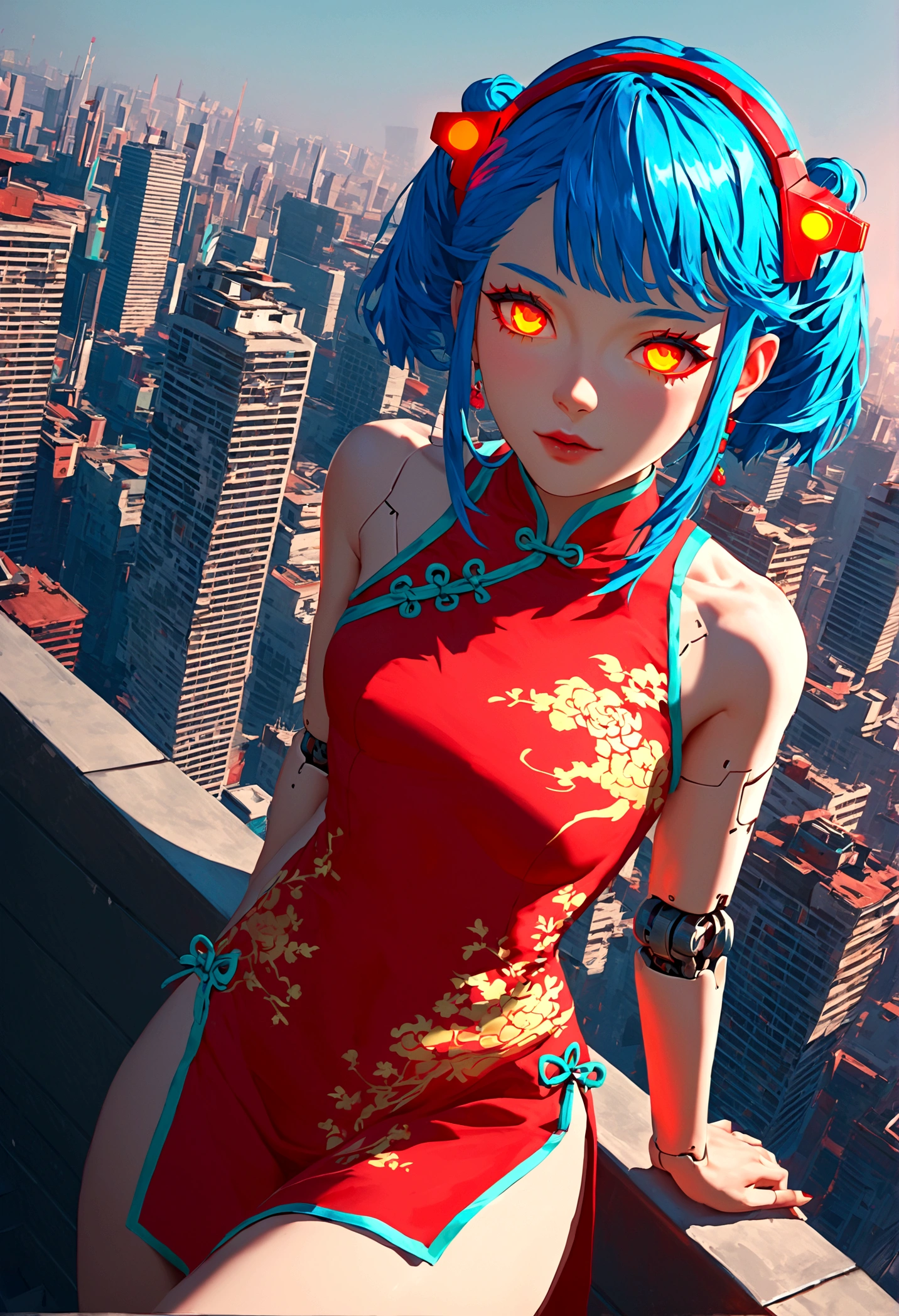 Fraction_9,Fraction_8_direction_7_en haut,src_dessins animés japonais,1fille, fille, cyberpunk,cheongsam chinois, yeux rouges,yeux brillants, cheveux bleus courts, Motif blanc, vert, Épaules nues, lisse, Articulations mécaniques,Matière brillante,Extérieur,ville futuriste,Angle dynamique