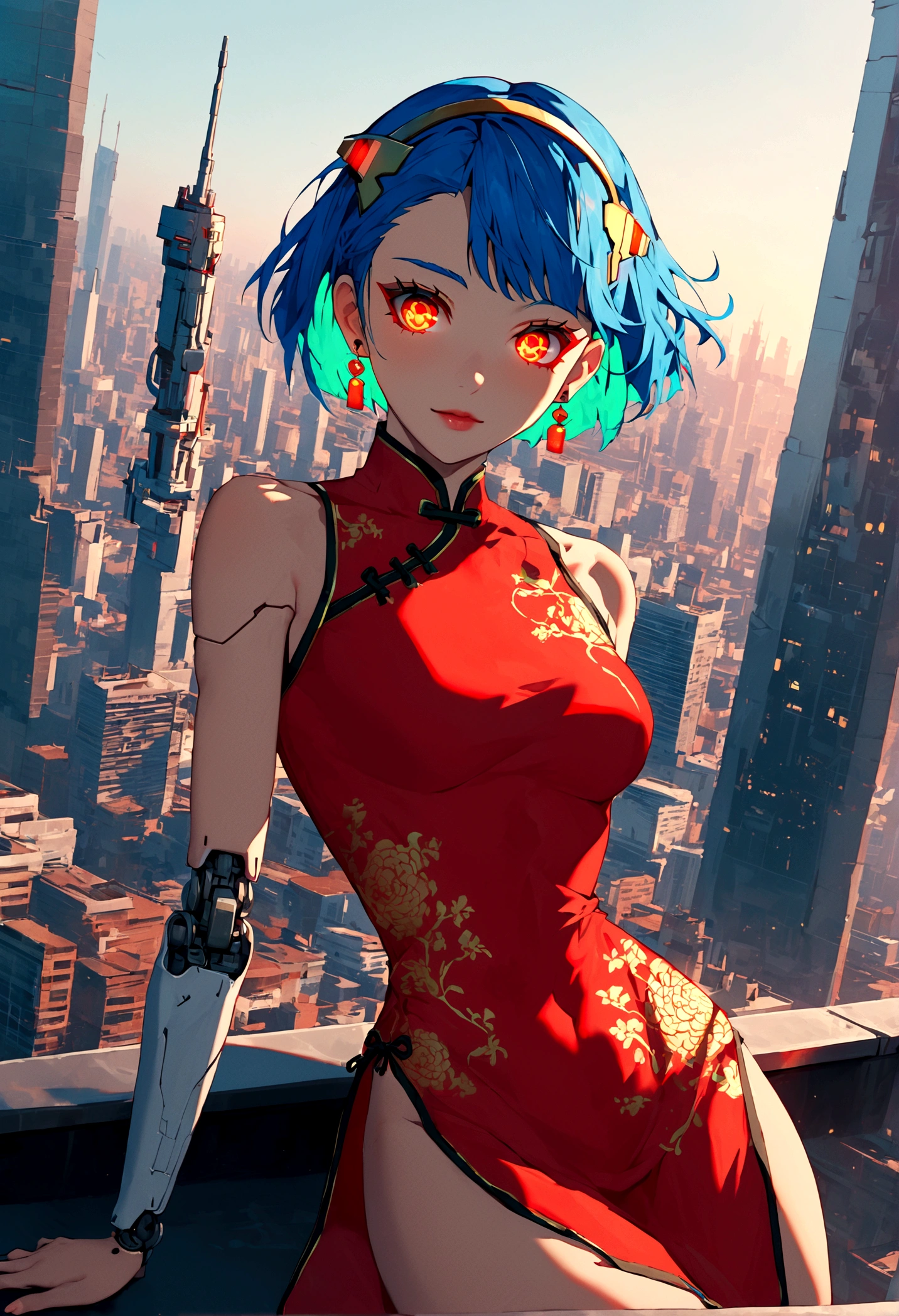 Fraktion_9,Fraktion_8_Richtung_7_hoch,Quelle_Japanische Zeichentrickfilme,1Mädchen, Mädchen, Cyberpunk,Chinesisches Cheongsam, rotes Licht Augen,glühende Augen, kurze blaue Haare, weißes Muster, Grün, nackten Schultern, glatt, mechanische Verbindungen,glänzendes Material,draussen,Futuristische Stadt,dynamischer Winkel