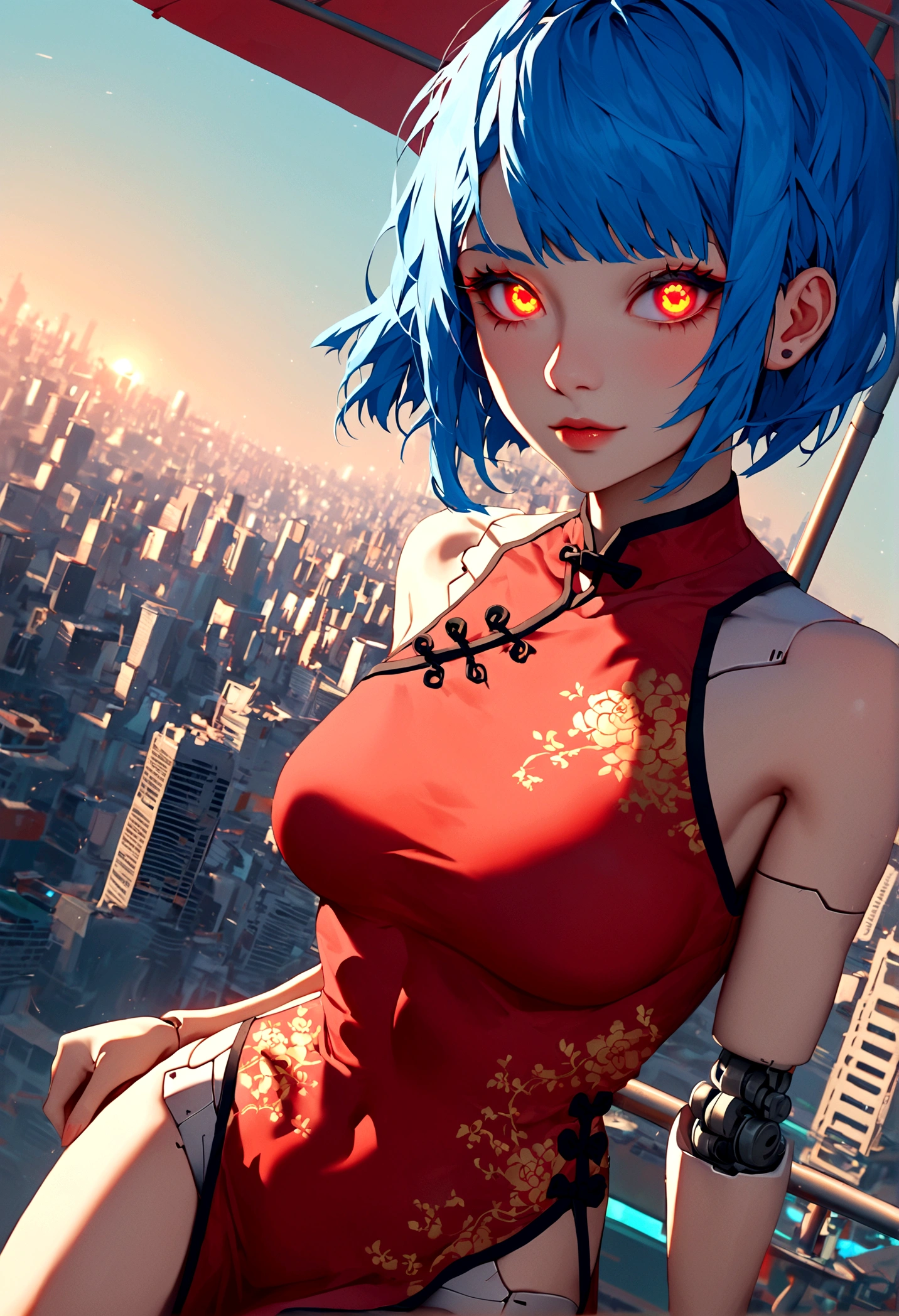 Fraktion_9,Fraktion_8_Richtung_7_hoch,Quelle_Japanische Zeichentrickfilme,1Mädchen, Mädchen, Cyberpunk,Chinesisches Cheongsam, rotes Licht Augen,glühende Augen, kurze blaue Haare, weißes Muster, Grün, nackten Schultern, glatt, mechanische Verbindungen,glänzendes Material,draussen,Futuristische Stadt,dynamischer Winkel