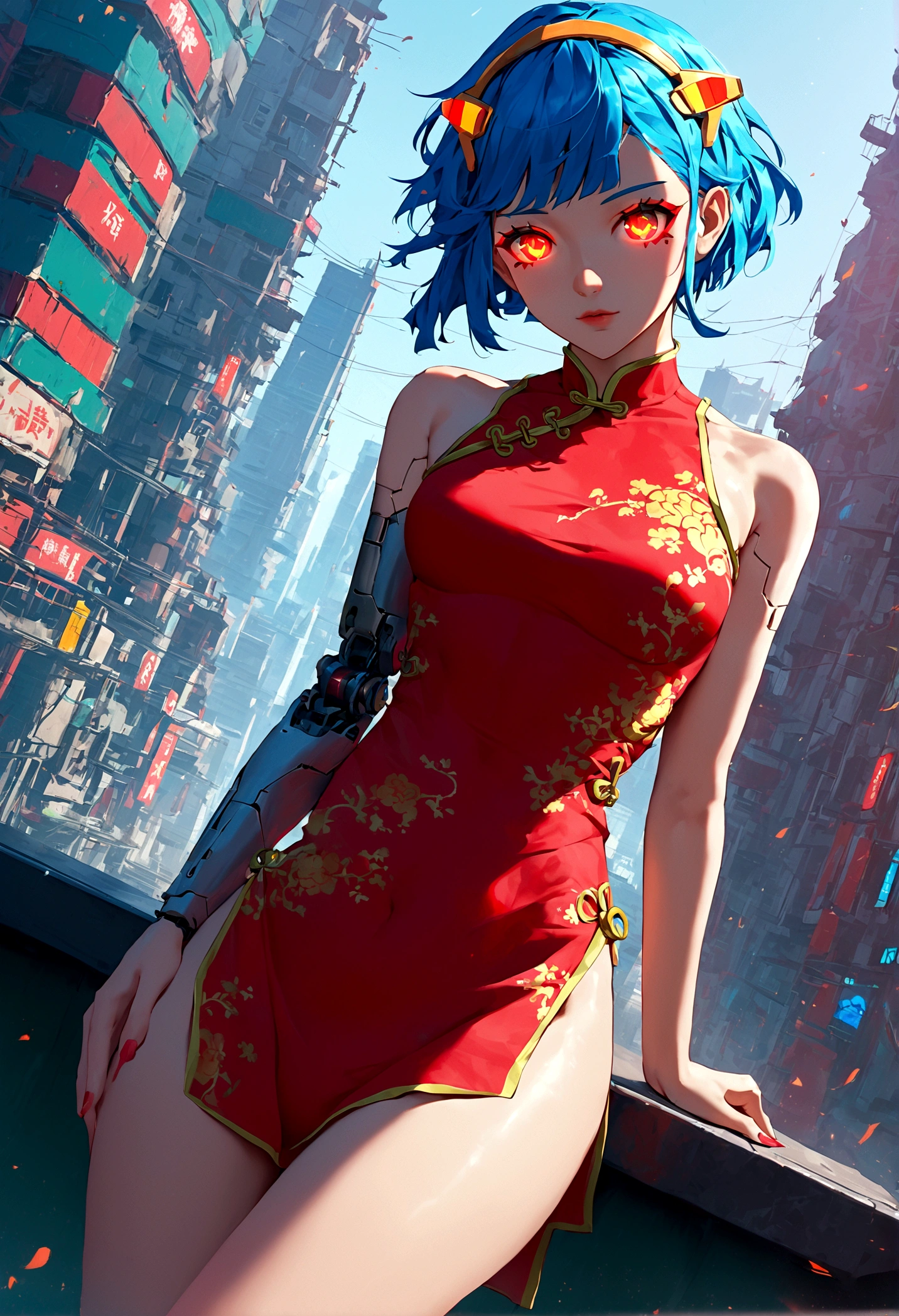 Fracción_9,Fracción_8_dirección_7_arriba,src_dibujos animados japoneses,1chica, chica, ciberpunk,cheongsam chino, ojos de luz roja,ojos brillantes, Pelo Corto Azul, patrón blanco, verde, hombros descubiertos, Liso, Juntas Mecánicas,material brillante,exterior,ciudad futurista,ángulo dinámico