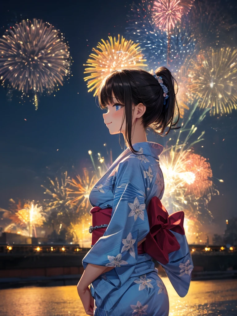 art by Cornflower,(masterpiece),(highest quality:1.2),((Perfect Anatomy)),((arms behind back)),(1 girl),(small breasts),highest quality,silver ponytail hair,Blunt bangs,(From the side),(Glancing sideways),Beautiful and detailed blue eyes,blue yukata fashion,fireworks display seen,a lot of fireworks,like a dream and happiness atmosphere,Disappointed,pastel tones,dramatic lighting,Captivating smile