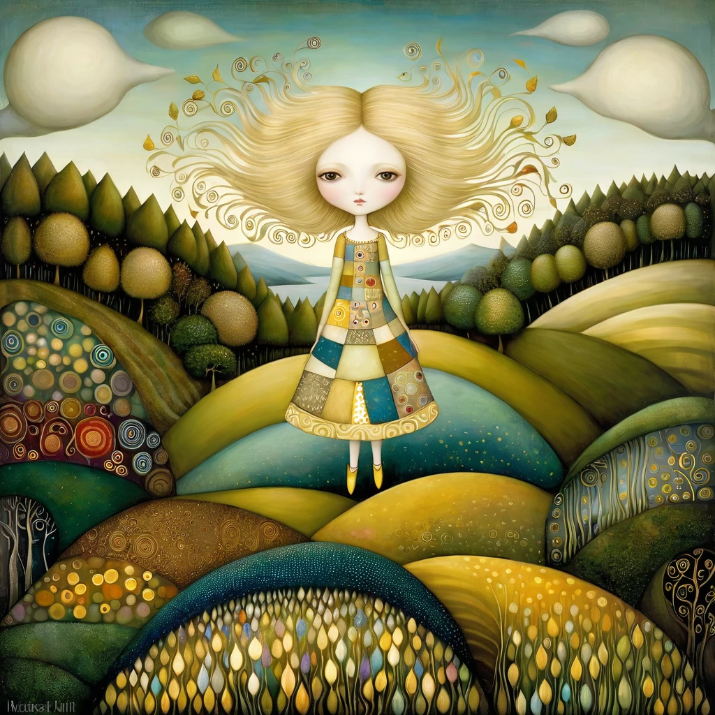 Patchwork de Klimt, Nicoletta Ceccoli, Naoto Hattori, Lawrence Didier, Leonora Carrington da Mulher Europeia, cabelo loiro cinza, Vestido leve. fica no topo de uma colina suave de onde se avista o mar e florestas de árvores de várias cores, ela abre os braços e deixa o vento mover seus longos cabelos.