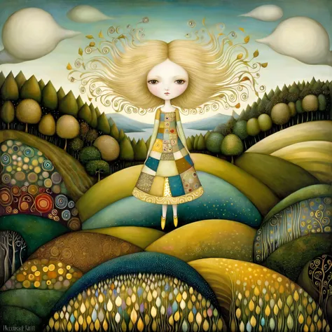 Patchwork by Klimt, Nicoletta Ceccoli, Naoto Hattori, Lawrence Didier, Leonora Carrington of European Woman, ash blond hair, lig...