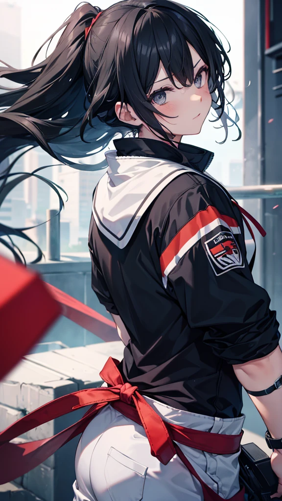 profile background, anime boy, black hair, grey eyes, martial arts clothing, high-res portrait, detailed eyes and face, character, fantasy, advanced urban, looking from behind at viewer, 4K, high resolution