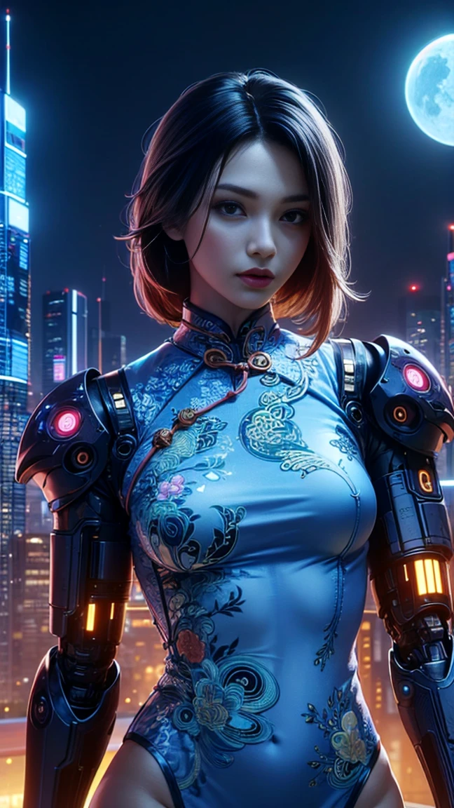 qualité supérieure, monde futur, robot à la pointe de la technologie, Belle femme, cheveux volants, Transformé en cyborg sauf le visage,  Transformé en cyborg sauf l&#39;épaule, photos sexy, photo du corps entier, (((cheongsam)))