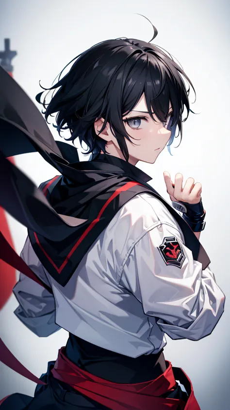 profile background, anime boy, black hair, grey eyes, martial arts clothing, high-res portrait, detailed eyes and face, characte...