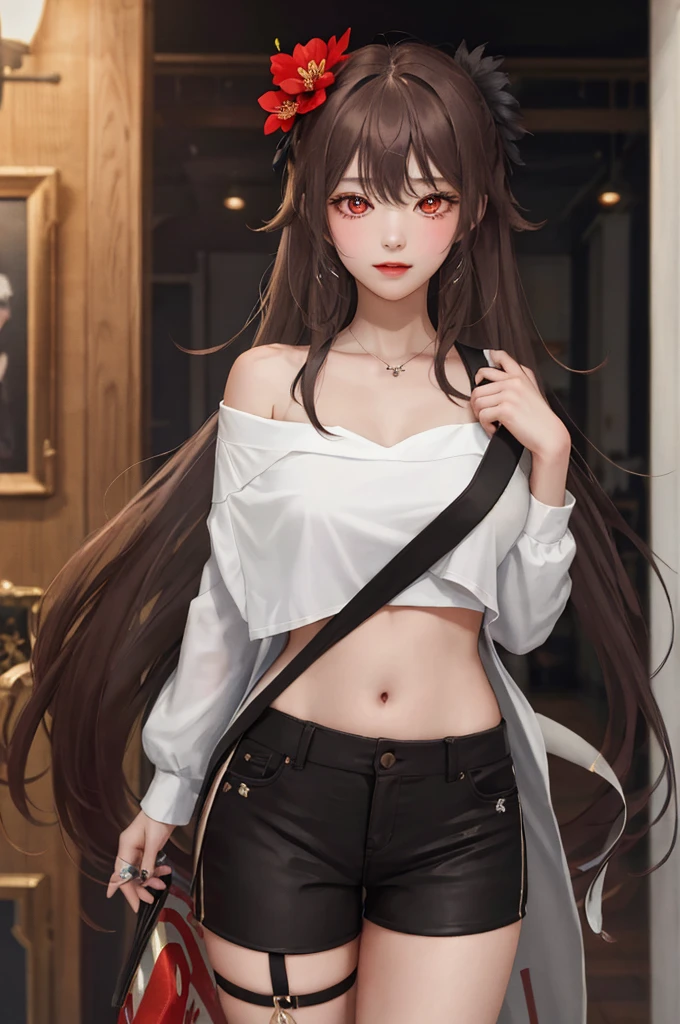 8K,high resolution,absurd,masterpiece,best quality,The original,Extremely detailed CG,Extremely detailed wallpaper,Perfect lighting,1 Girl,Vague_background,Watching_exist_Viewer,站exist舞台上,
(hutaodef:1.2),Black shorts,black hexist with hexist flower,Double tail,Feathered Eyes,Red Eyes,Brown hair,