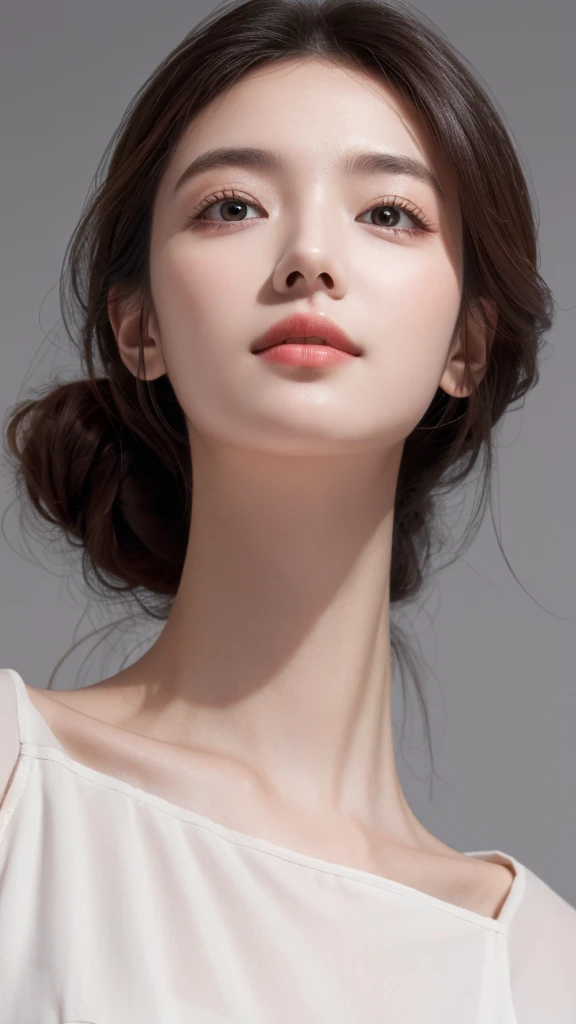 best quality, Practical, Very detailed, high resolution, 8K Gray Background, original photo, Professional photography, Reality, , 1 woman，25 years old expectation((Looking at the camera)), (From below)，Skin particles are clear，The pores on the face can be seen