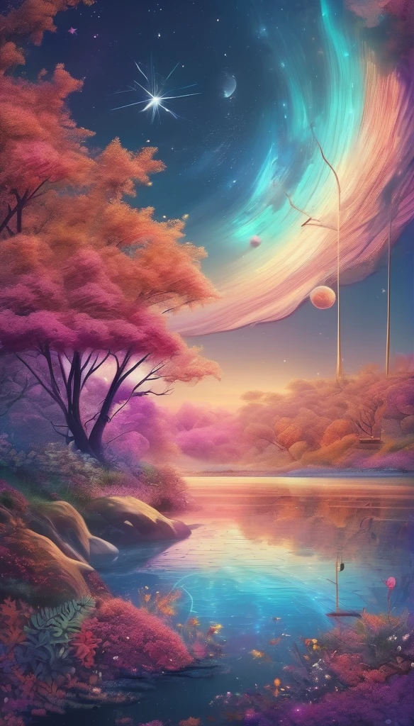 a woman dreaming in a beautiful galaxy,soft and surreal colors,(best quality,4k,high-res:1.2),ultra-detailed,impressionistic style,star-filled night sky,dreamy atmosphere,gentle moonlight,cosmic patterns,peaceful ambiance,subtle transitions,sublime beauty,dreamlike surroundings,quiet serenity,sleeping peacefully in her cozy bed,tranquil and otherworldly scenery,sublime celestial backdrop,serene and ethereal,subconscious journey,cosmic inspiration,vibrant and captivating colors,dreamlike abstraction,magical and mesmerizing vision,deep sense of wonder and awe,lucid dreams,galactic dreamscape,relaxing and introspective experience,luminous stars shining brightly,blissful state of mind,soothing and calming environment,whispers of the universe,mysterious and enchanting,just drifting away.