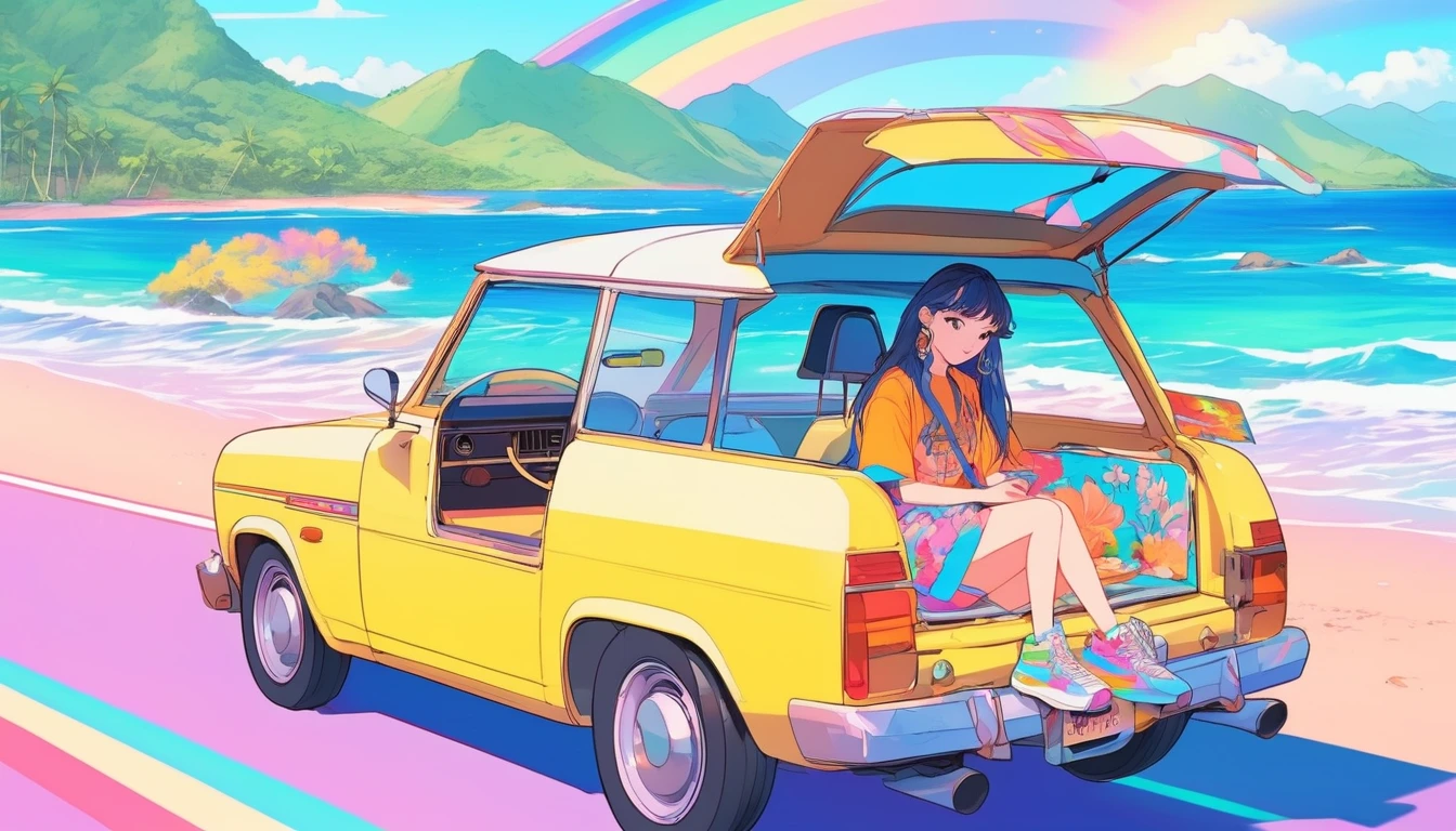 Meisterwerk, höchste Qualität, Regenbogen-Stil, Anime-Serie, Schönes asiatisches Mädchen, Ästhetik und Stil des K-Pop, Tätowierung, Tätowierung - inspired, im Auto sitzen, Amerikanischer Hippie-Stil der 80er, Entlang der hawaiianischen Küste, Süß und verträumt,Anime-Serie,Illustrator,Lofi-Mädchen,Studio Ghibli,Ghibli-Stil