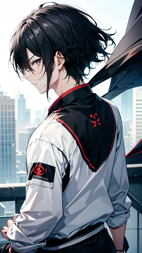 profile background, anime boy, serious face, black hair, grey eyes, martial arts clothing, high-res portrait, detailed eyes and ...