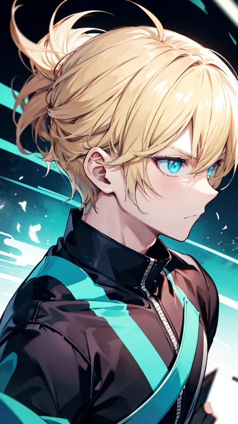 profile background, anime boy, serious face, blond hair, cyan eyes, martial arts clothing, high-res portrait, detailed eyes and ...