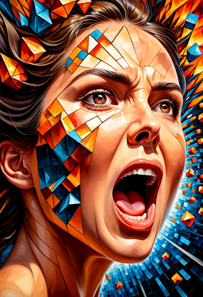 oil painting,Women's faces(Only the face that opened its mouth very wide screamed in anger.),Explosion of body parts into 3D cubes , Mosaic art, masterpiece, bright colors,  ,  Highly detailed, , fractal art, , 8K, geometric concept art, sharp line