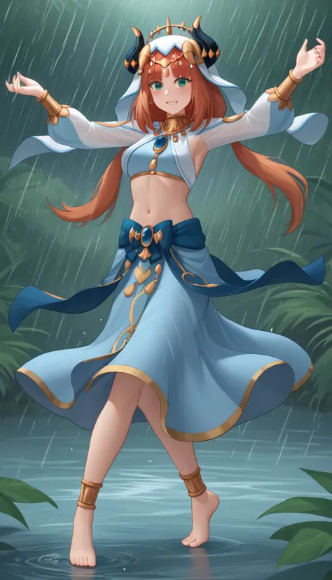 girl, nilou, dancing, dynamic pose, full length, rain, drippling raindrops, waves, tropical forest meadow