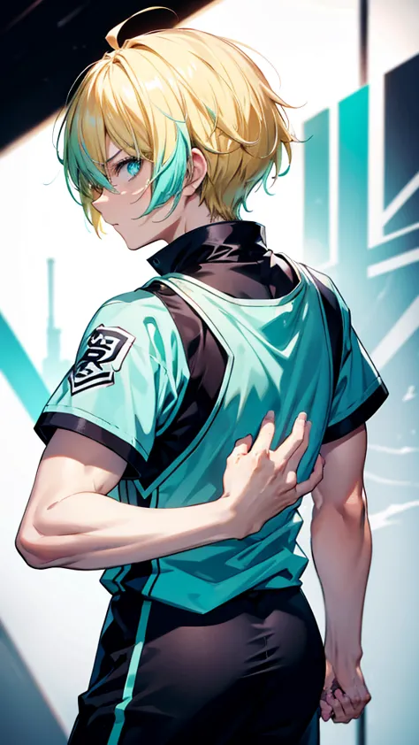 rofile background, anime boy, serious face, blond hair, cyan eyes, martial arts clothing, high-res portrait, detailed eyes and f...