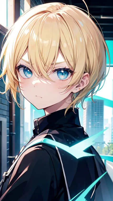 rofile background, anime boy, serious face, blond hair, cyan eyes, student clothing, high-res portrait, detailed eyes and face, ...