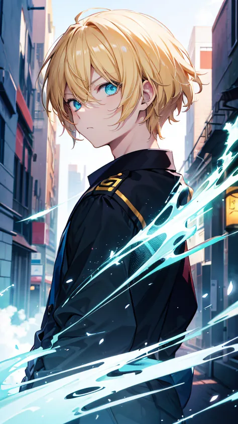 rofile background, anime boy, serious face, blond hair, cyan eyes, student clothing, high-res portrait, detailed eyes and face, ...