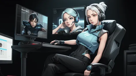 jett \(valorant\), blue cropped jacket, sleeveless, black bodysuit, black pants, 1girl, solo, headset, gaming chair, looking at ...