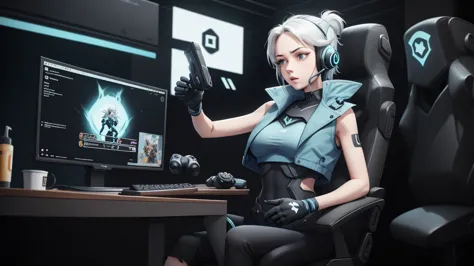 jett \(valorant\), blue cropped jacket, sleeveless, black bodysuit, black pants, 1girl, solo, headset, gaming chair, looking at ...