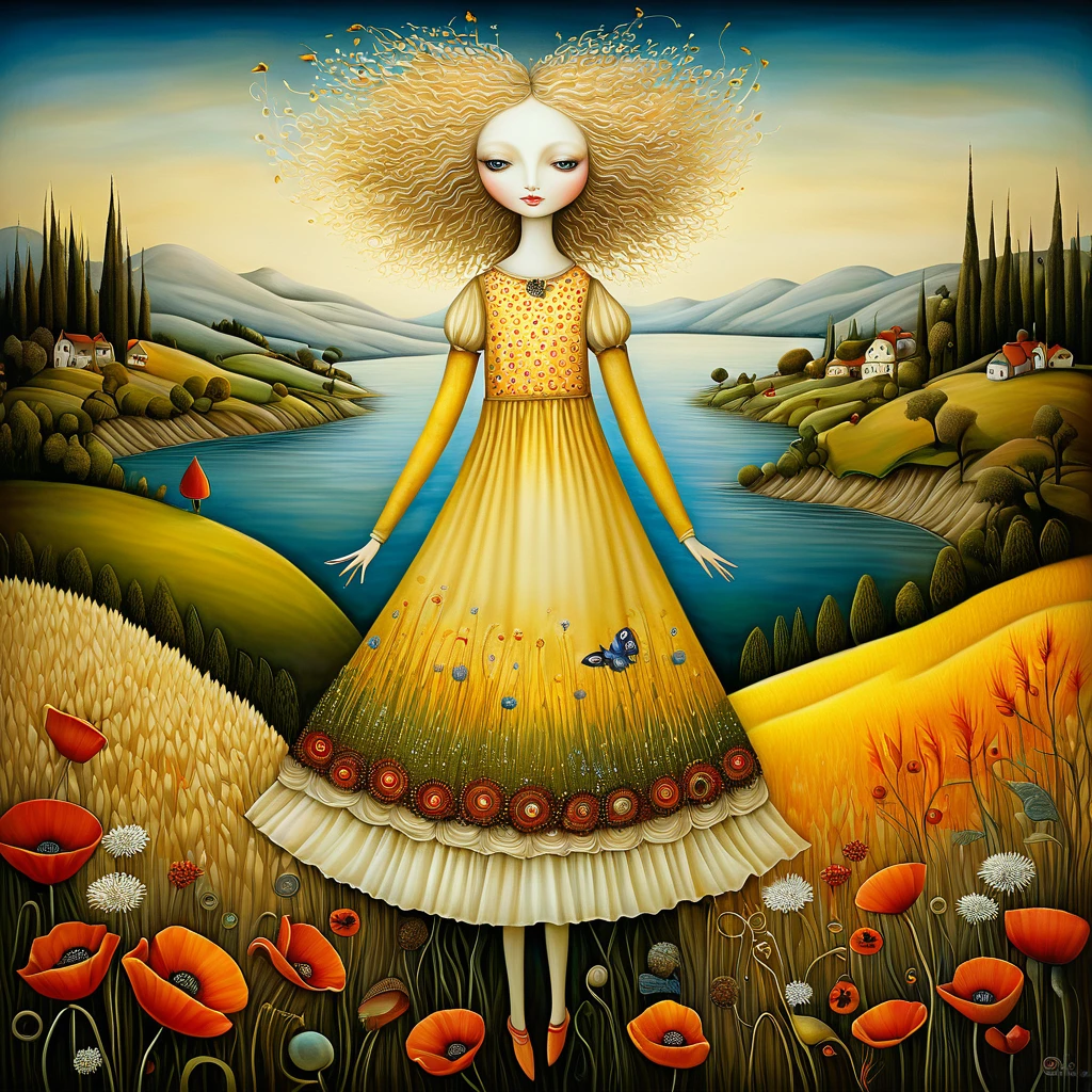Patchwork by Klimt, Nicoletta Ceccoli, Naoto Hattori, Lawrence Didier, Leonora Carrington of European Patchwork by Klimt, Nicoletta Ceccoli, Naoto Hattori, Lawrence Didier, Leonora Carrington of European Woman, ash blond hair, light dress. is on the top of a gentle hill from which you can see the sea and forests of trees of many colors,Lakes, beaches, wheat fields, poppies, white dandelion flowers. she spreads her arms and lets the wind move her long hair.. intricate patterns and details, photorealistic 8k resolution, masterpiece quality, vivid and vibrant colors, dramatic lighting casting surreal shadows, fantastical and whimsical elements, magical realism ambiance, wide-angle perspective creating optical illusions.
