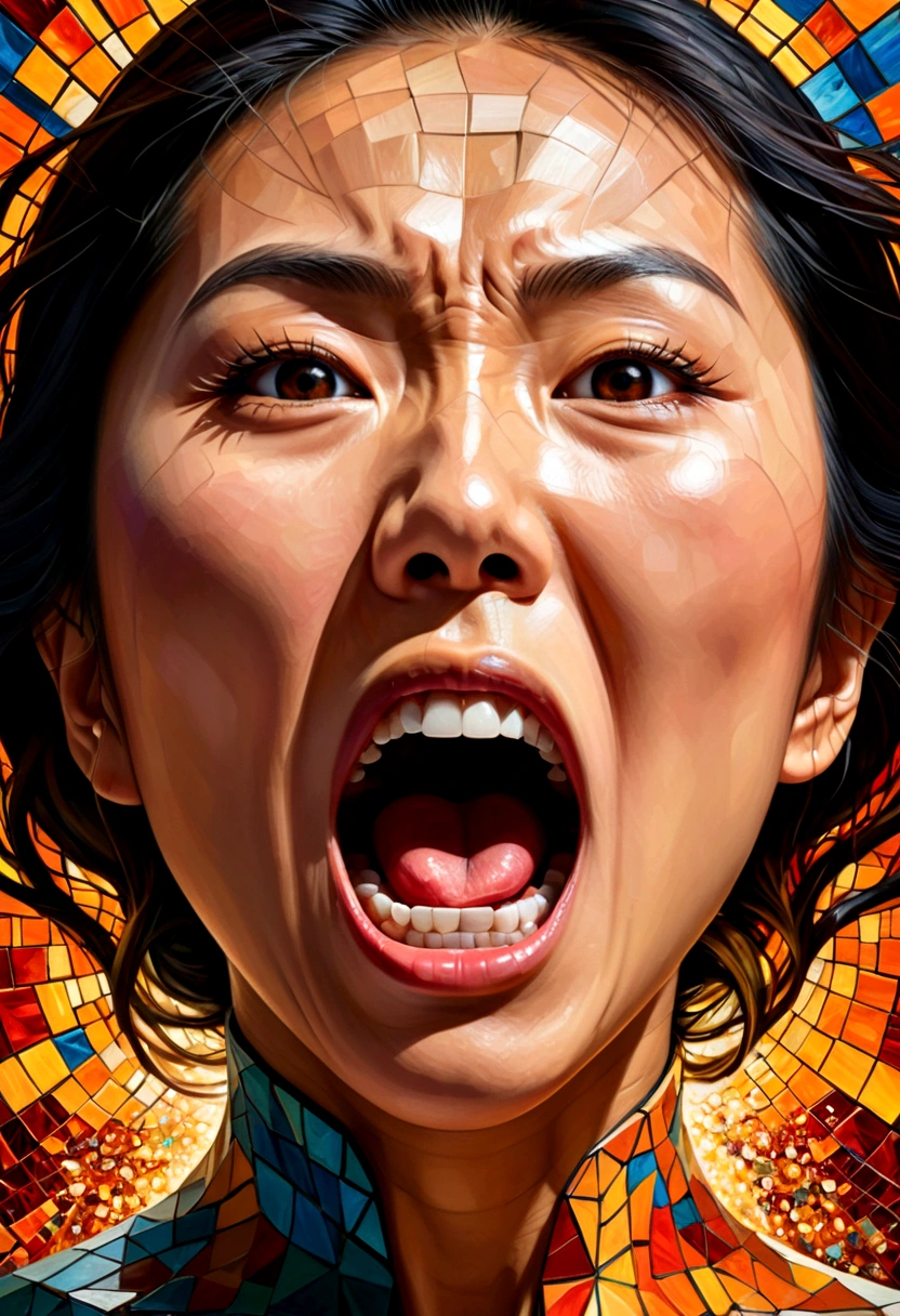 oil painting,Asian woman face(Only the face that opened its mouth very wide screamed in anger.),Something flew out of the mouth.,Explosion of body parts into 3D cubes , Mosaic art, masterpiece, bright colors,  ,  Highly detailed, , fractal art, , 8K, geometric concept art, sharp line