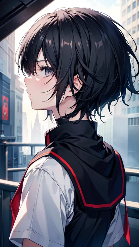 profile background, anime boy, serious face, black hair, grey eyes, student clothing, high-res portrait, detailed eyes and face,...