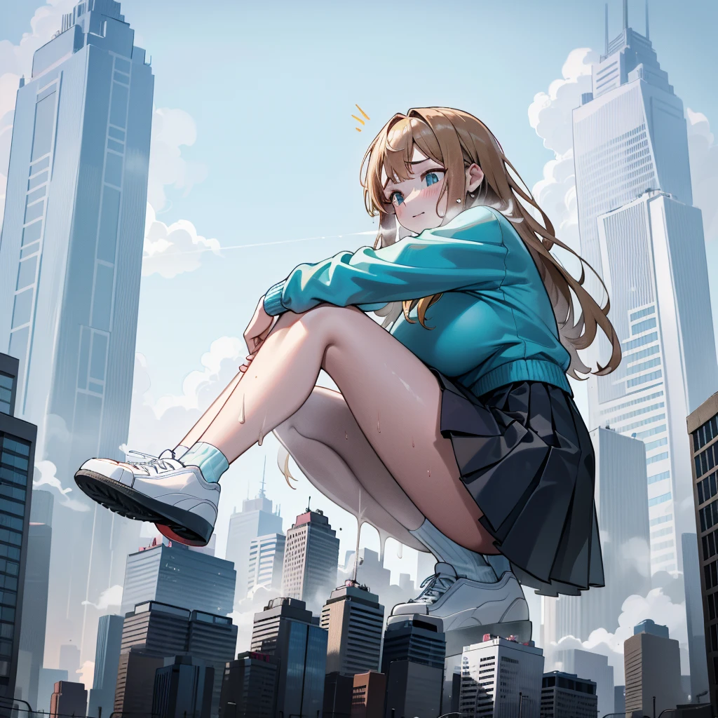 a girl squatting down in a modern miniature city, peeing forcefully, urine spraying out, blushing face, comfortable expression, giant woman 1000 meters tall towering over the city, crushing the city underfoot, wearing white sneakers, detailed clothing and body features, cute large breasts, short skirt, looking up, sweaty legs, sweaty feet, shoe details