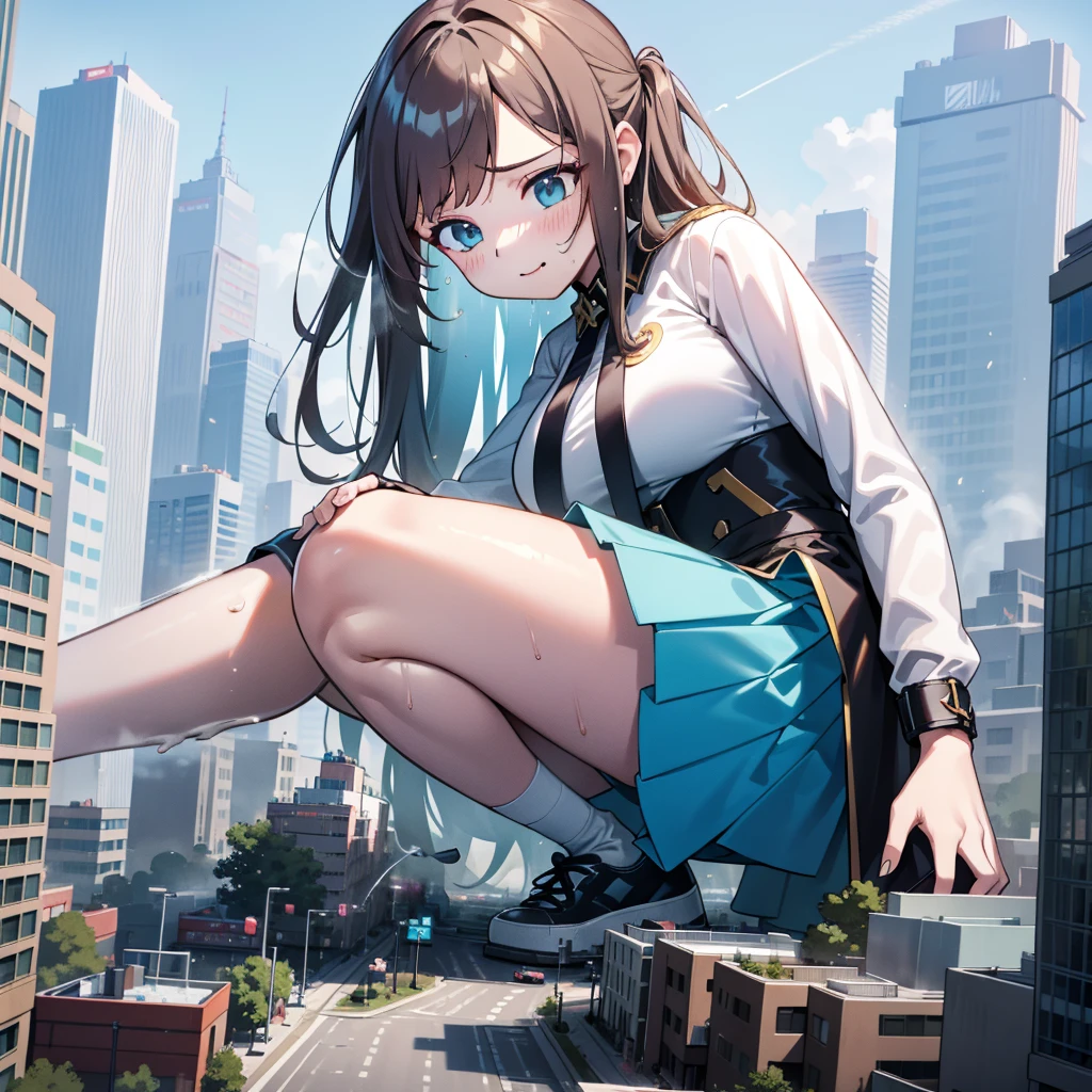 a girl squatting down in a modern miniature city, peeing forcefully, urine spraying out, blushing face, comfortable expression, giant woman 1000 meters tall towering over the city, crushing the city underfoot, wearing white sneakers, detailed clothing and body features, cute large breasts, short skirt, looking up, sweaty legs, sweaty feet, shoe details