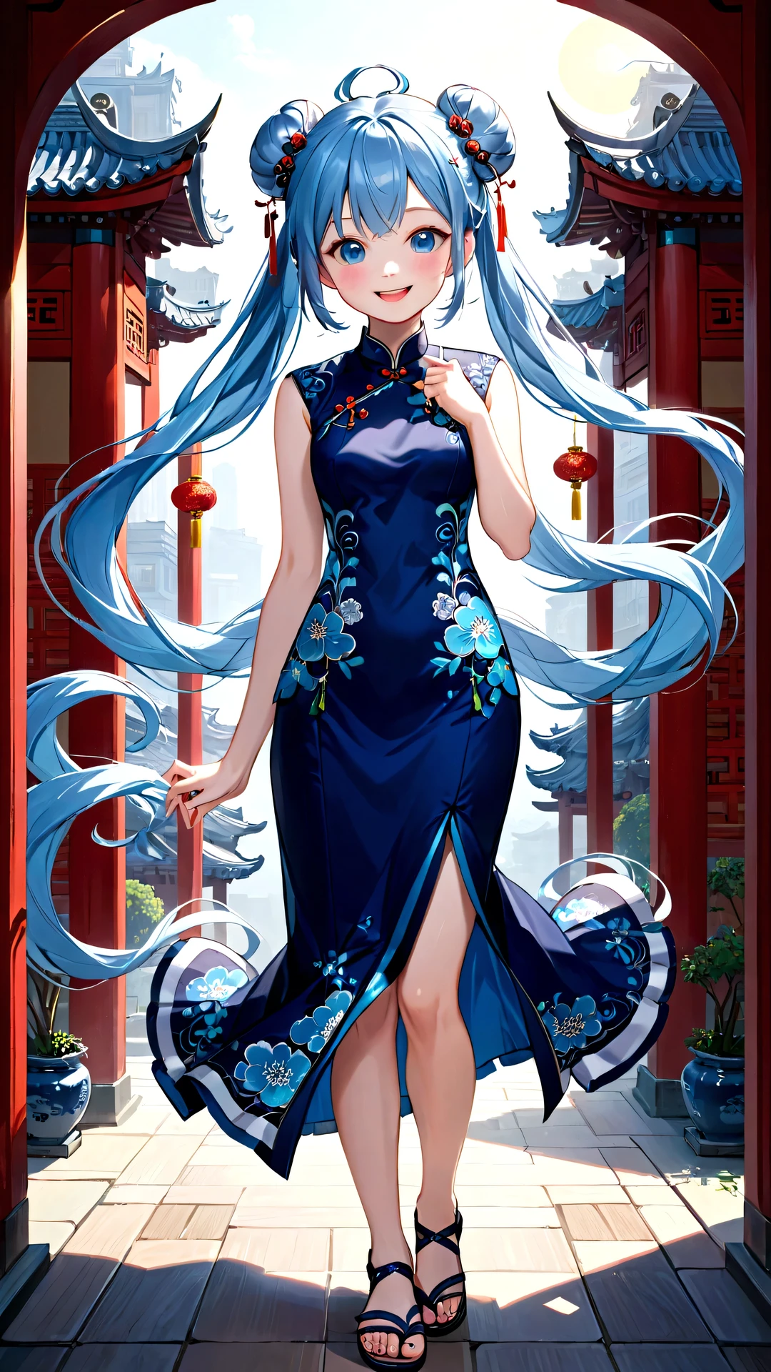 (Masterpiece), (Best Quality), insanely detailed, absurdres, ultra-highres, ultra-detailed, best quality,
1girl, solo, nice hands, perfect hands, navy blue cheongsam, double bun, hair ornaments, sandal, Chinese Architecuture, happy smile, laugh, open mouth, standing,cute pose, full_body shot, slender, kawaii, perfect symmetrical face, detailed eyes, detailed hair, beautiful, BREAK (Light blue hair:1.2), very long hair, blue eyes, 