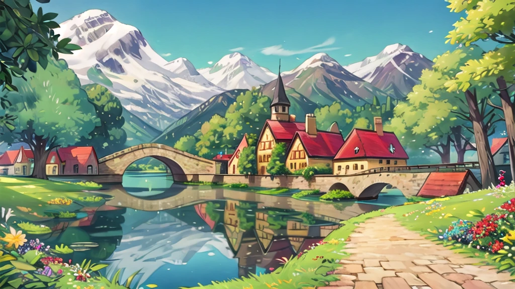 Cartoon scene, medieval castle walls, cartoon port city, medieval style, red roofs, stone bridge, sailboat, blue sea, cliffs and green trees