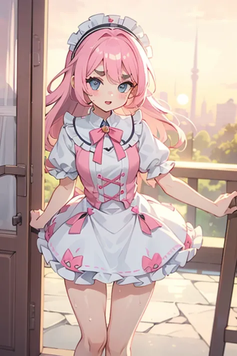 girl with pink hair, long double-tailed hairstyle ((small pink bushy eyebrows)), lolicon, dressed in lolita dress, sunset lighti...