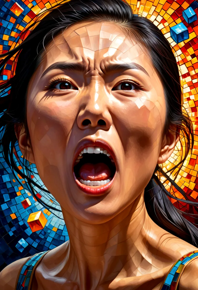 oil painting,Asian woman face,Side view(Only the face that opened its mouth very wide screamed in anger.),Something flew out of ...