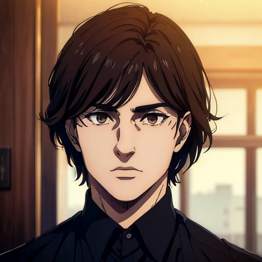 (best quality,4k,8k,highres,masterpiece:1.2),ultra-detailed,(realistic,photorealistic,photo-realistic:1.37), young man , mappa art style,  inverted-triangle face shape , almond-shaped brown eyes with positive canthal tilt,  dark brown hair color , his hair id well styled in curtain hair, he looks handsome, he is fair ,  sharp jawline , he is wearing black shirt, vibrant color, 