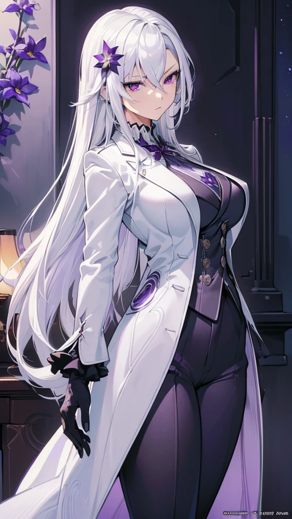 (best quality:1.3), (masterpiece:1.3), (illustration:1.3), (ultra-detailed:1.3), 1girl, solo, ((long hair, white hair, purple eye, purple flower pattern)), (((large breasts))), black pants, white suit, tailcoat, serious expression, tall, mature, elegant, black gloves, looking at viewer, night sky, hands on hips, serious expression, tsurime,