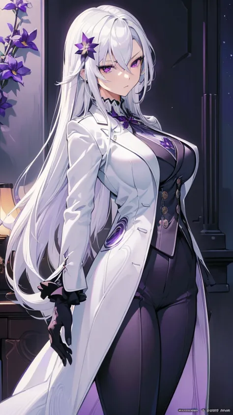 (best quality:1.3), (masterpiece:1.3), (illustration:1.3), (ultra-detailed:1.3), 1girl, solo, ((long hair, white hair, purple ey...