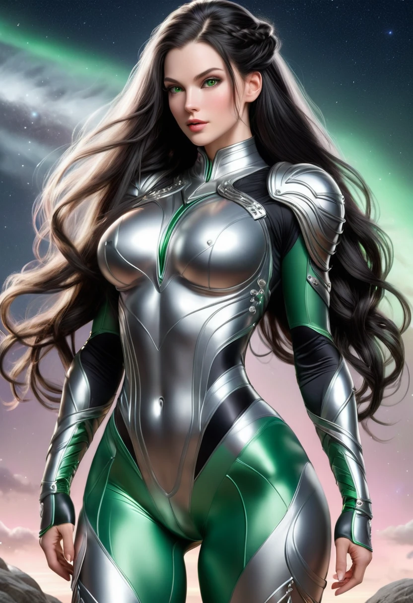 BOMBSHELL BLACK HAIR VALKYRIE, PALE SKIN, LIGHT GRAY EYES, HIGH CHEEKBONES, ROSY CHEEKS, MENTAL FORAMEN, HUGE LONG HAIR, DOUBLE BRAIDED HAIR, SILVER THONG LEOTARD ARMOUR, LONG SLEEVES, SILVER UNDER BODYSUIT, GREEN NECK BODYSUIT, LONG SILVER GAUNTLETS, ATHLETIC CURVY BODY, DETAILED QUADRICEPS, MUSCLES, SIDE BODY VIEW, FULL BODY PERSPECTIVE, SPRITE LIGHTINGS, NIGHT SKY, ACCURATE IMAGE, MASTERPIECE.